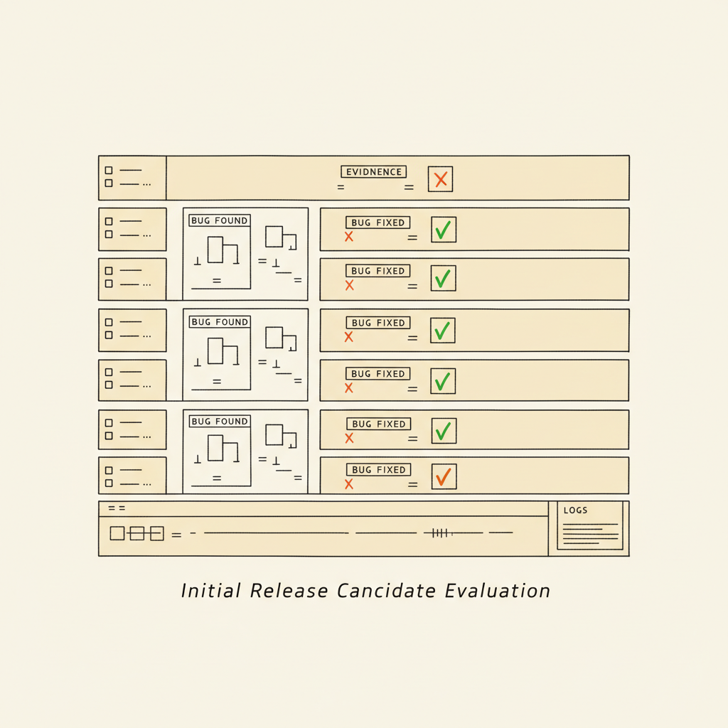 Editorial command-center illustration: rows of test executions paired with bug-found / bug-fixed evidence blocks side by side. One row marked with a single ember-orange checkmark.