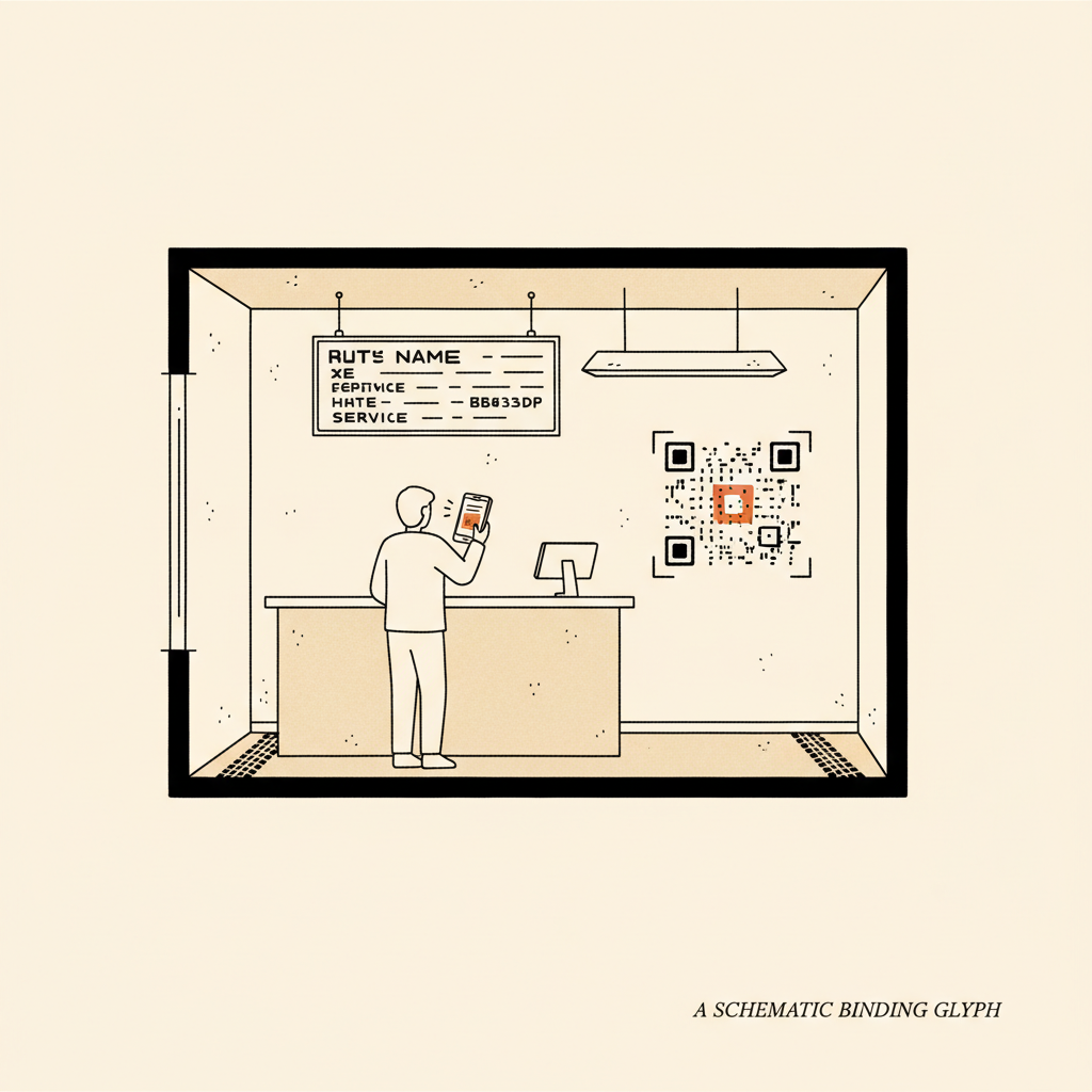 Editorial cross-section illustration of a small auto-body shop reception with a customer at the counter scanning a QR-style mark on the wall — the per-shop binding mechanic.