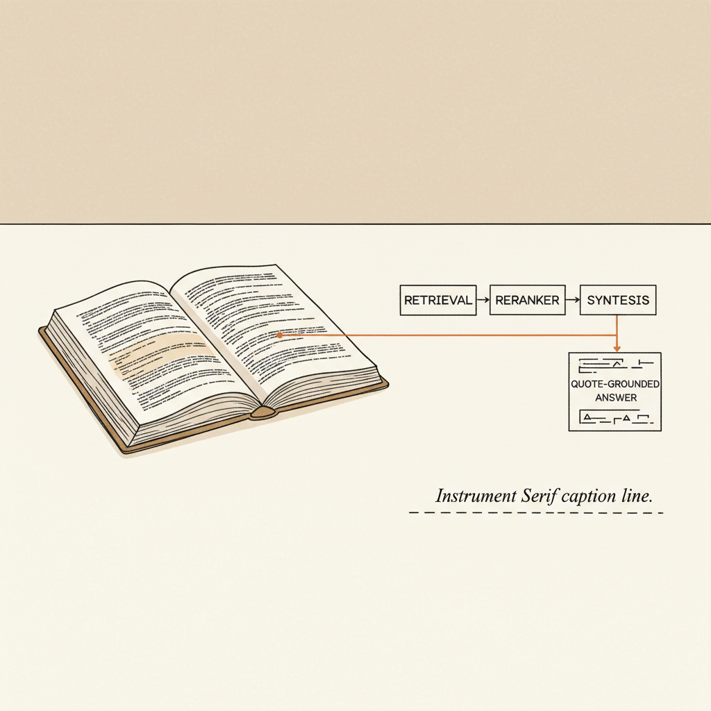 Editorial illustration: an open Indian tax statute with a single sentence highlighted; a thin orange line traces from the highlighted line to a small architectural block diagram, depicting quote-grounded answers as system architecture.