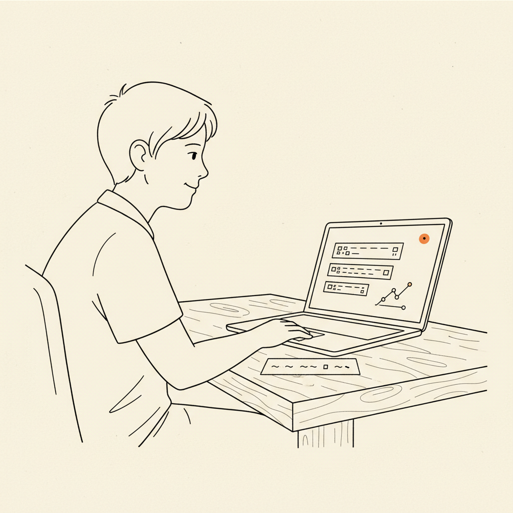Editorial illustration of a young person at a laptop with a schematic lesson on screen and a small payment-arrival glyph in the corner — captures the earn-while-learn moment.