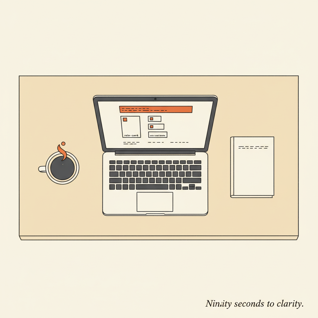 Editorial top-down illustration of a creator's morning desk: laptop open showing a single ranked email with a few schematic role-card blocks, a coffee, a notebook with monospace marks. Restrained, uncluttered.