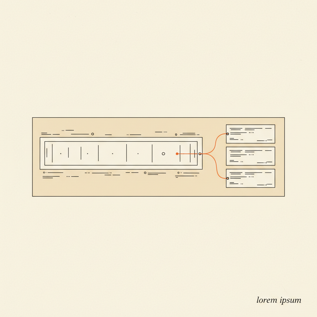 Editorial illustration of a creator's editing surface: a long-form video timeline on the left, three short clips stacked on the right, with a thin ember-orange line connecting them — voice preservation visualized as continuity.