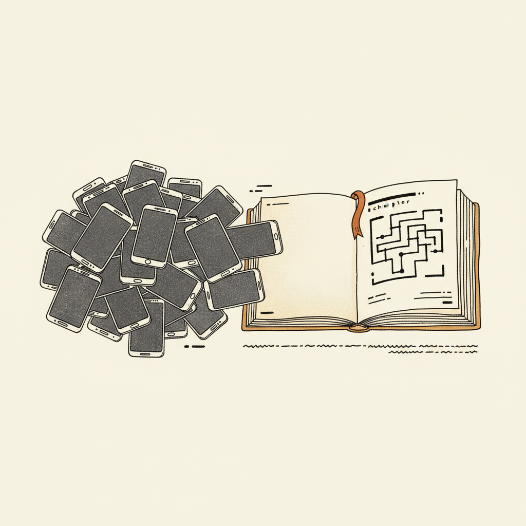 Editorial illustration: a loose pile of phone-screen-shaped rectangles on the left transitions across the composition into a tidy bound book on the right, page open to a chapter heading — the dormant archive becoming readable.